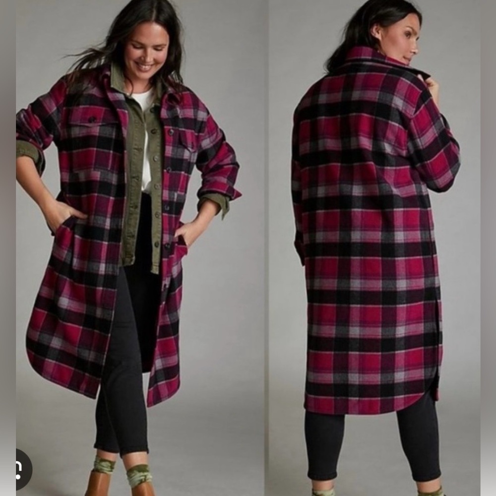 Anthropologie woman’s 1X Sanctuary Pink & Black Plaid Long wool Shacket
